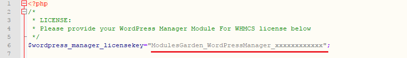 WordPress Manager For WHMCS: license.php file in a code editor with the license key line highlighted