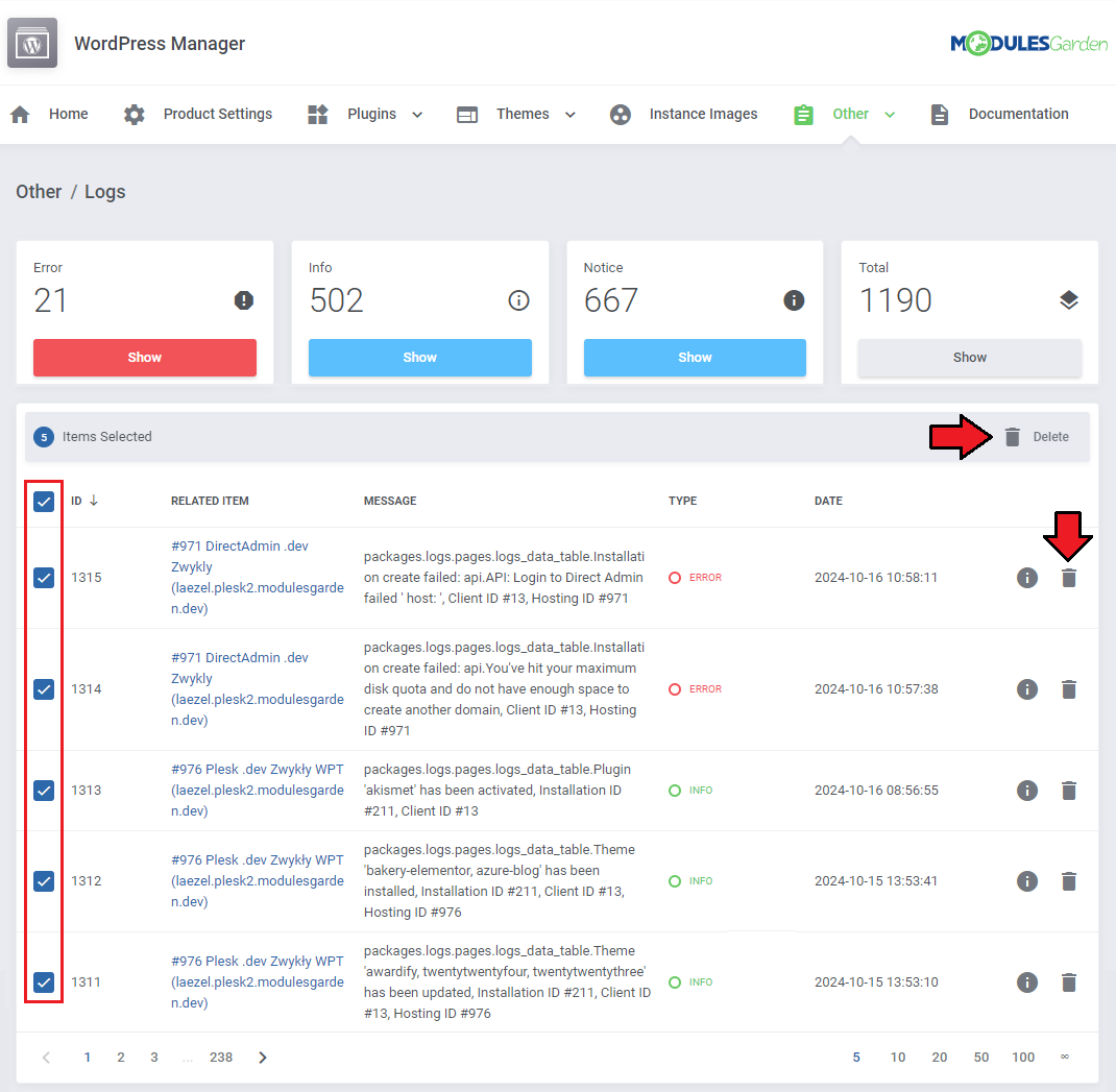 WordPress Manager For WHMCS: Logs page with five entries selected and the Delete buttons highlighted for bulk removal