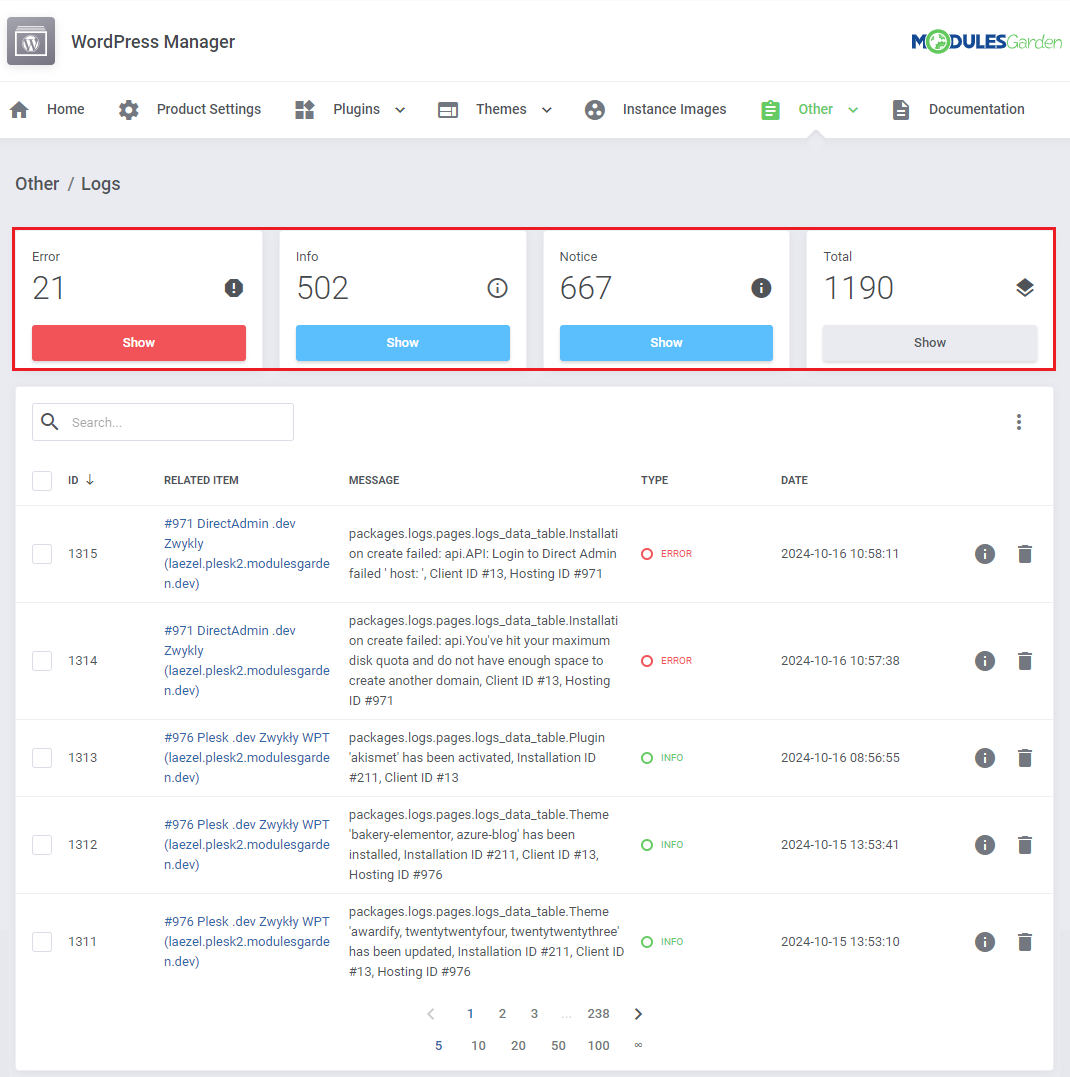 WordPress Manager For WHMCS: Logs page with Error, Info, Notice and Total counters above the module log table