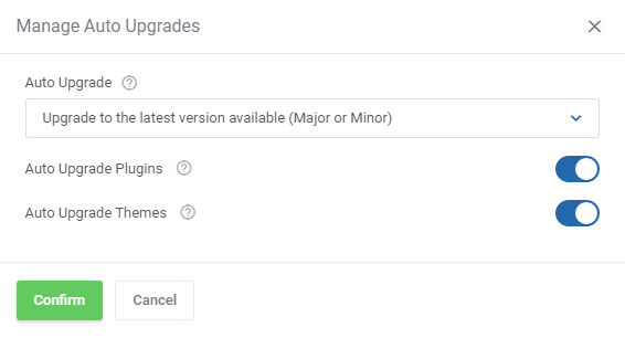 WordPress Manager For WHMCS: Manage Auto Upgrades dialog with upgrade level and plugin and theme auto upgrade toggles