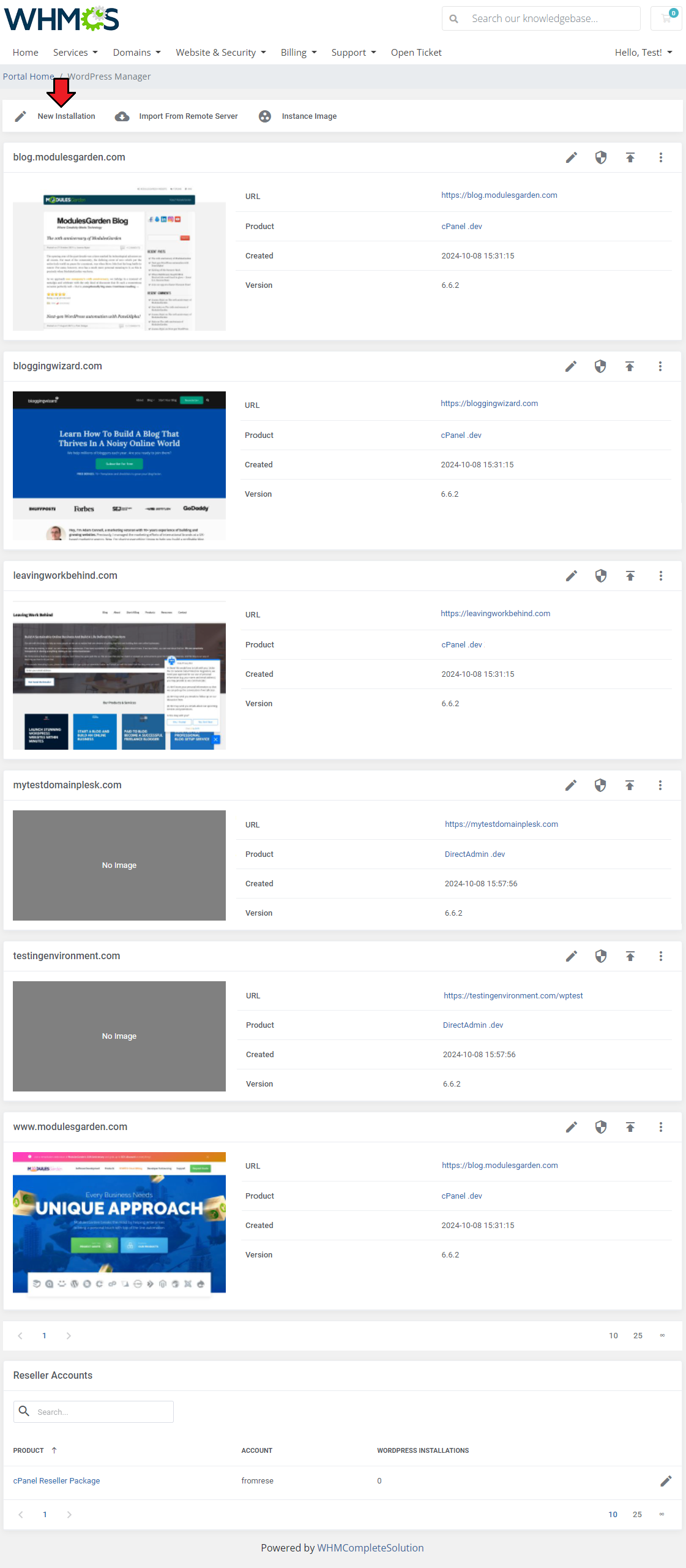 WordPress Manager For WHMCS: WHMCS client area WordPress Manager page with the New Installation button marked by an