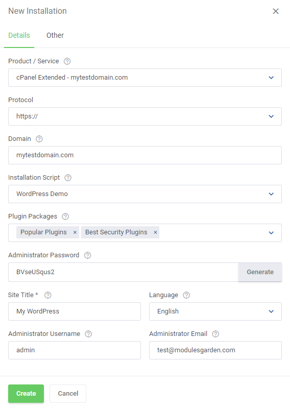 WordPress Manager For WHMCS: New Installation dialog, Details tab with product, domain, script, plugins and admin data
