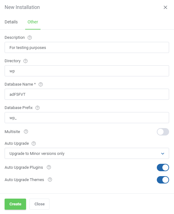 WordPress Manager For WHMCS: New Installation dialog, Other tab with directory, database and auto upgrade options