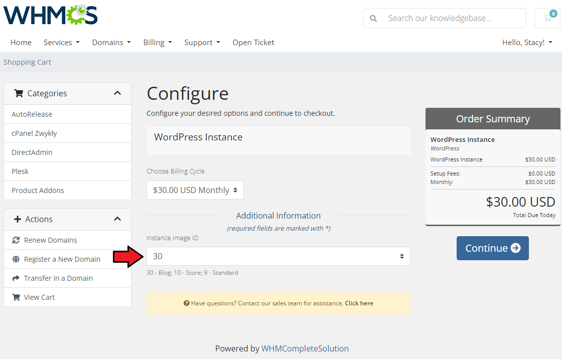 WordPress Manager For WHMCS: WHMCS order form Configure page with the Instance Image ID dropdown listing templates