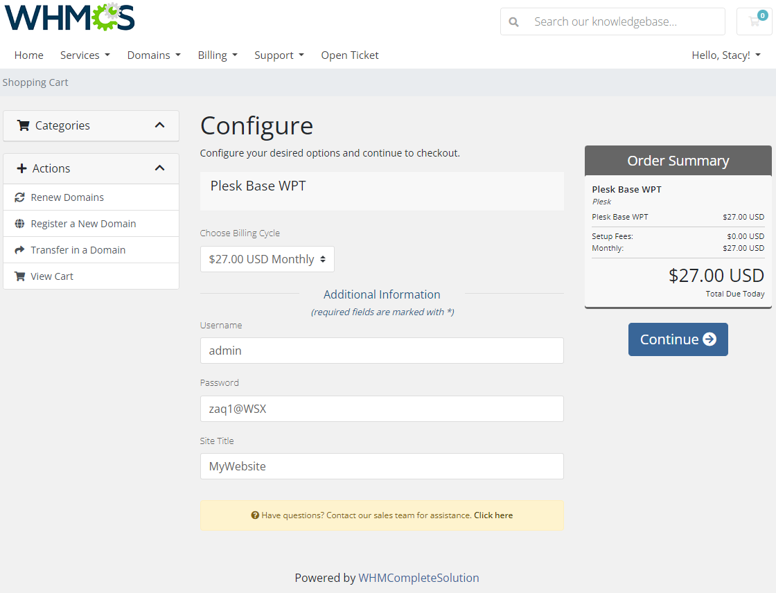 WordPress Manager For WHMCS: WHMCS order form Configure page with Username, Password and Site Title fields