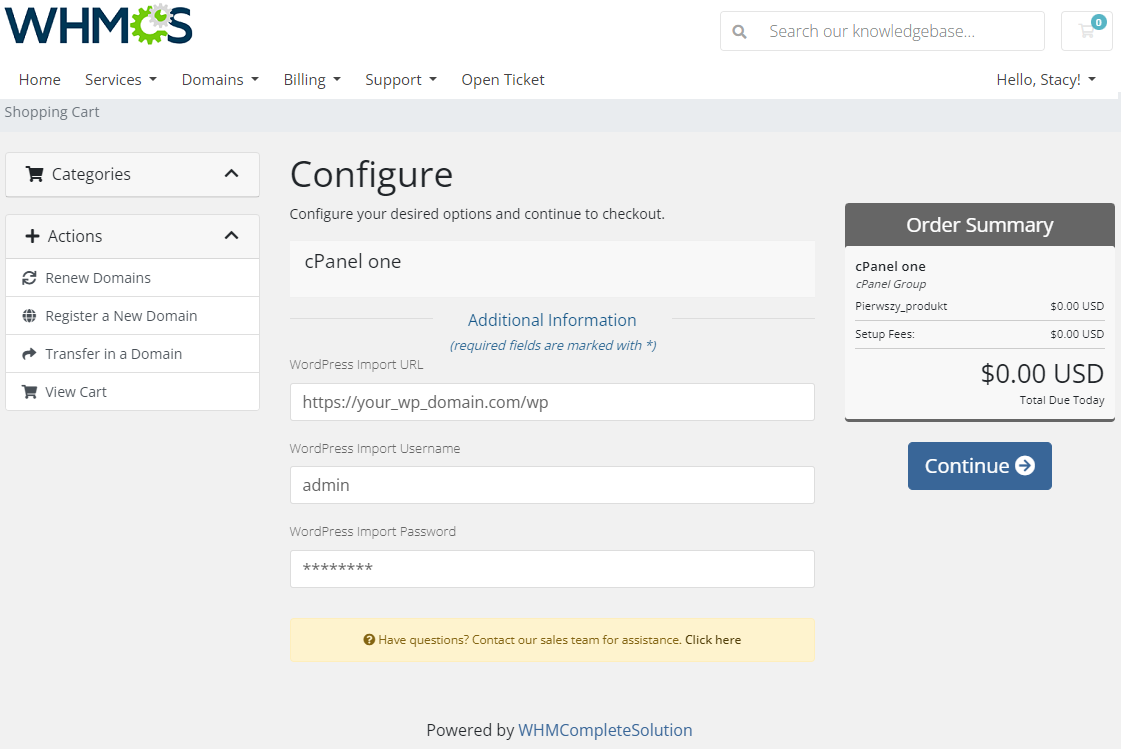 WordPress Manager For WHMCS: WHMCS order form Configure page with WordPress Import URL, Username and Password fields