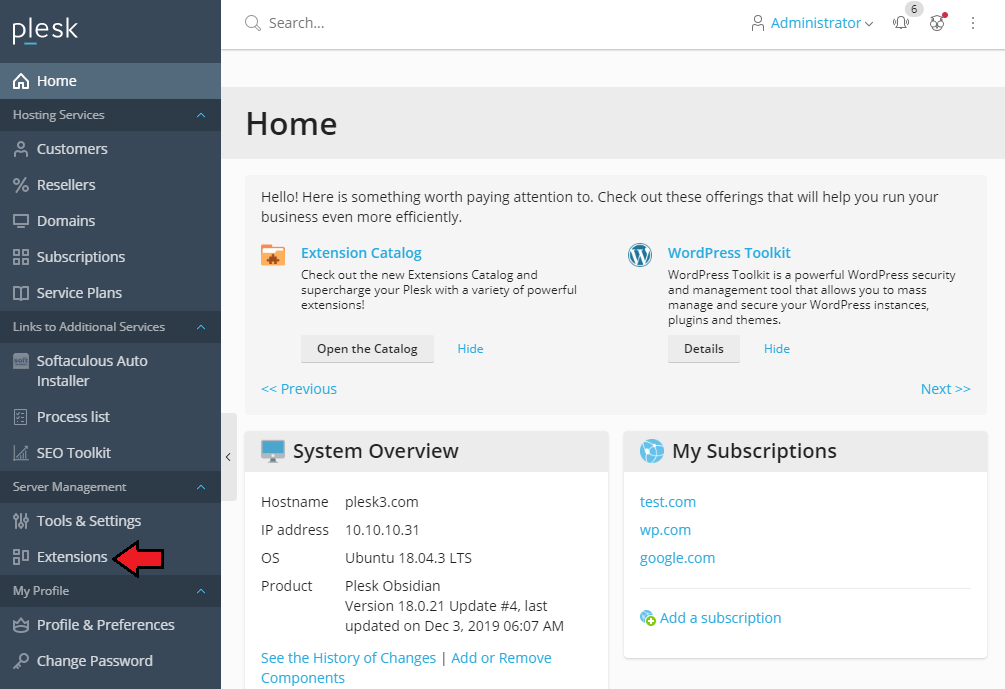 WordPress Manager For WHMCS: Plesk administrator Home page with the Extensions item in the left menu marked