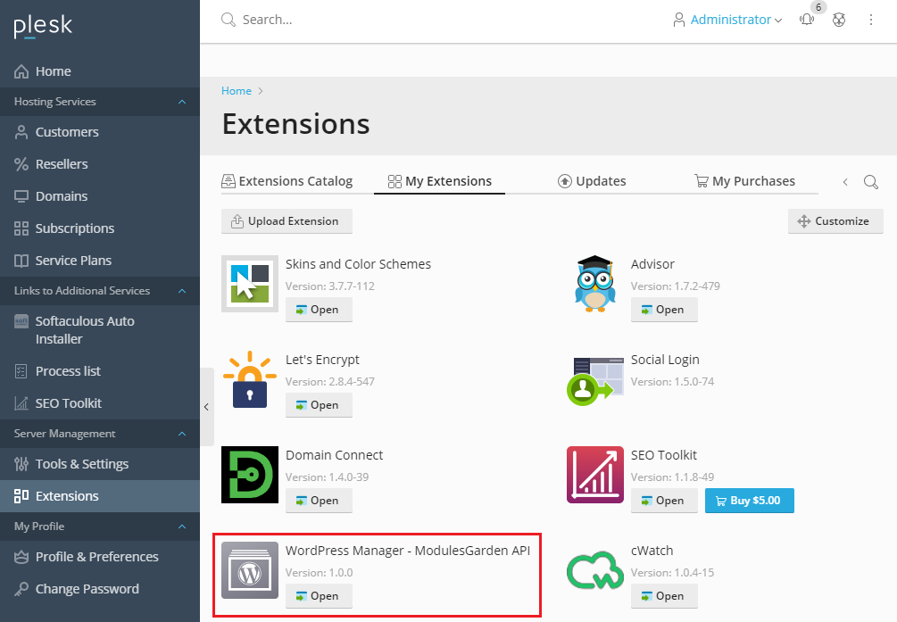 WordPress Manager For WHMCS: Plesk My Extensions list with the WordPress Manager - ModulesGarden API extension
