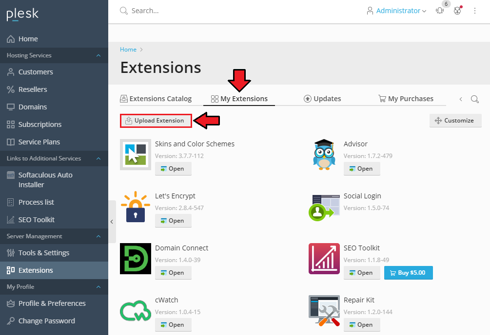 WordPress Manager For WHMCS: Plesk Extensions page, My Extensions tab, with the Upload Extension button marked