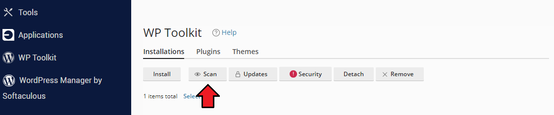 WordPress Manager For WHMCS: WP Toolkit page in the Plesk panel with the Scan button marked