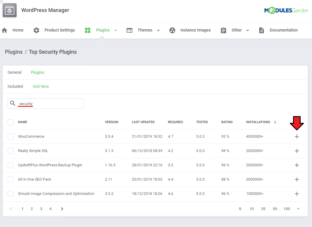 WordPress Manager For WHMCS: plugin package Plugins tab, Add New, with a security search and the plus icon marked