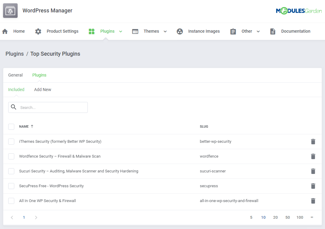 WordPress Manager For WHMCS: plugin package Plugins tab, Included list with five security plugins and delete icons