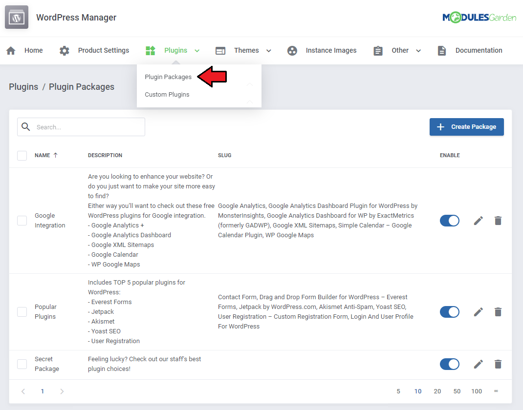 WordPress Manager For WHMCS: Plugins menu with Plugin Packages marked and the plugin packages list with Create Package