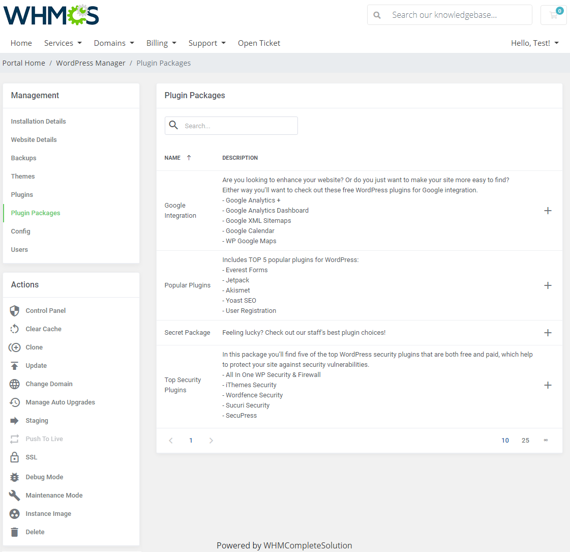 WordPress Manager For WHMCS: client area Plugin Packages tab listing packages like Google Integration and Popular