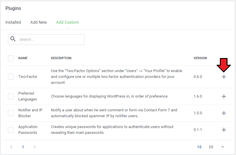 WordPress Manager For WHMCS: Plugins Add Custom tab listing custom plugins with the plus icon marked for adding