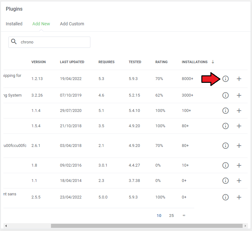 WordPress Manager For WHMCS: Plugins Add New search results with the info icon marked next to the first plugin