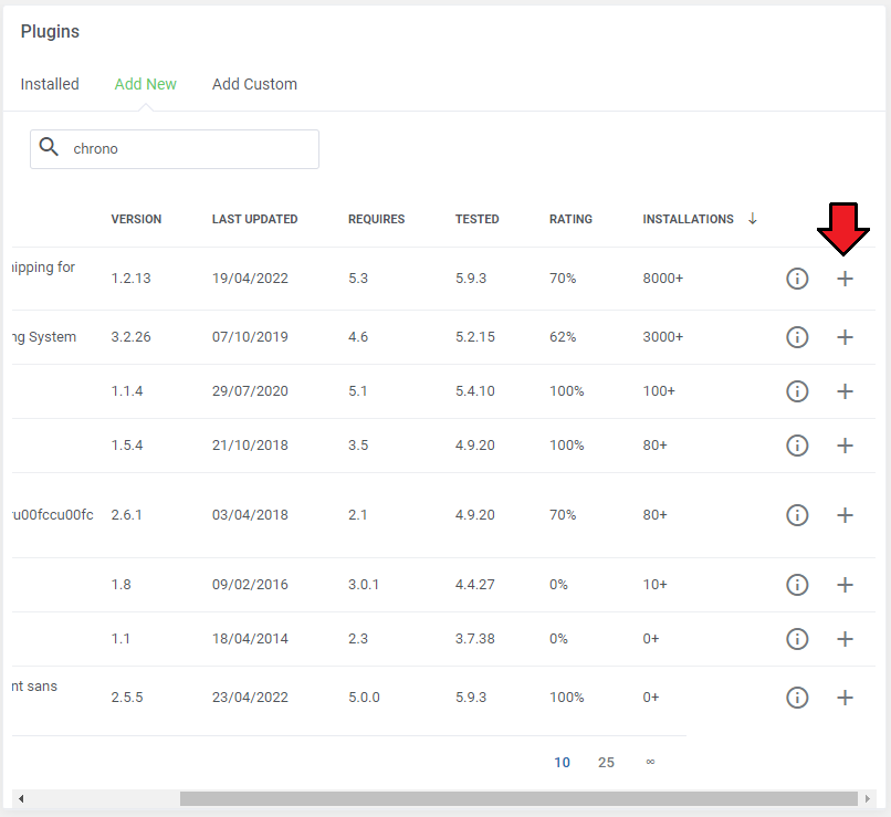 WordPress Manager For WHMCS: Plugins Add New search results scrolled right with info and plus icons, plus icon marked