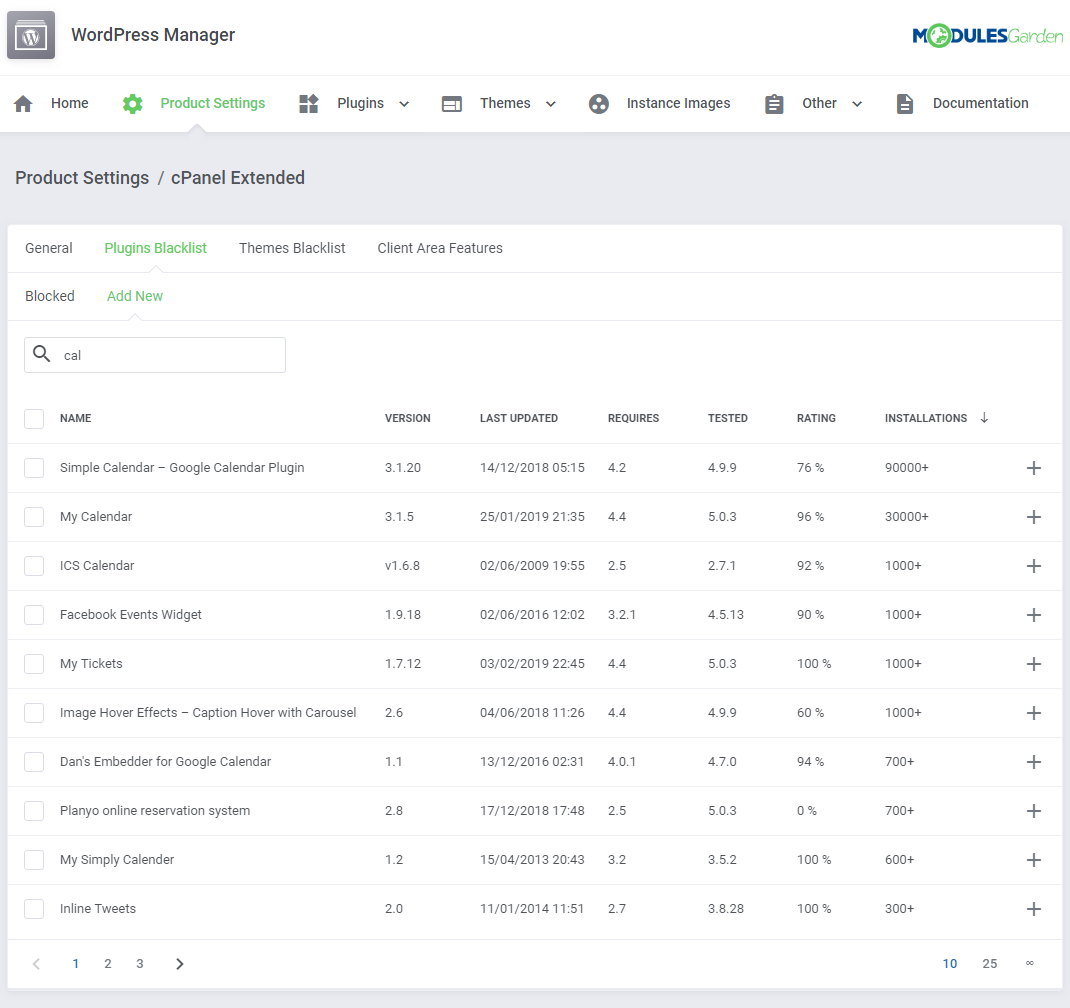 WordPress Manager For WHMCS: Product Settings Plugins Blacklist, Add New tab, with a plugin search and results