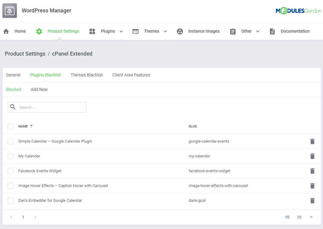 WordPress Manager For WHMCS: Product Settings Plugins Blacklist tab, Blocked list with plugin names, slugs and delete