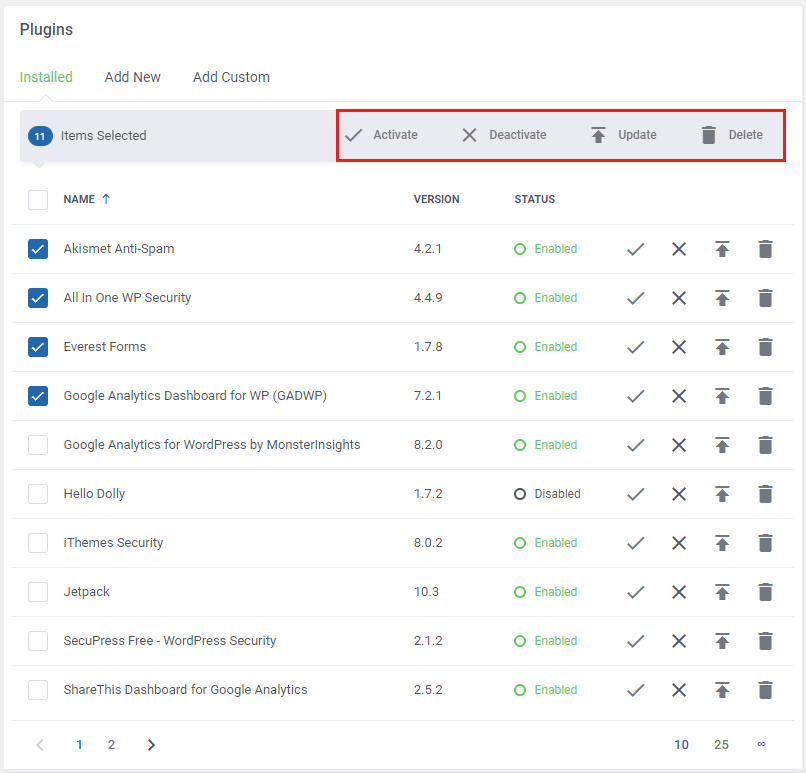 WordPress Manager For WHMCS: Installed plugins list with plugins selected and Activate, Deactivate, Update, Delete
