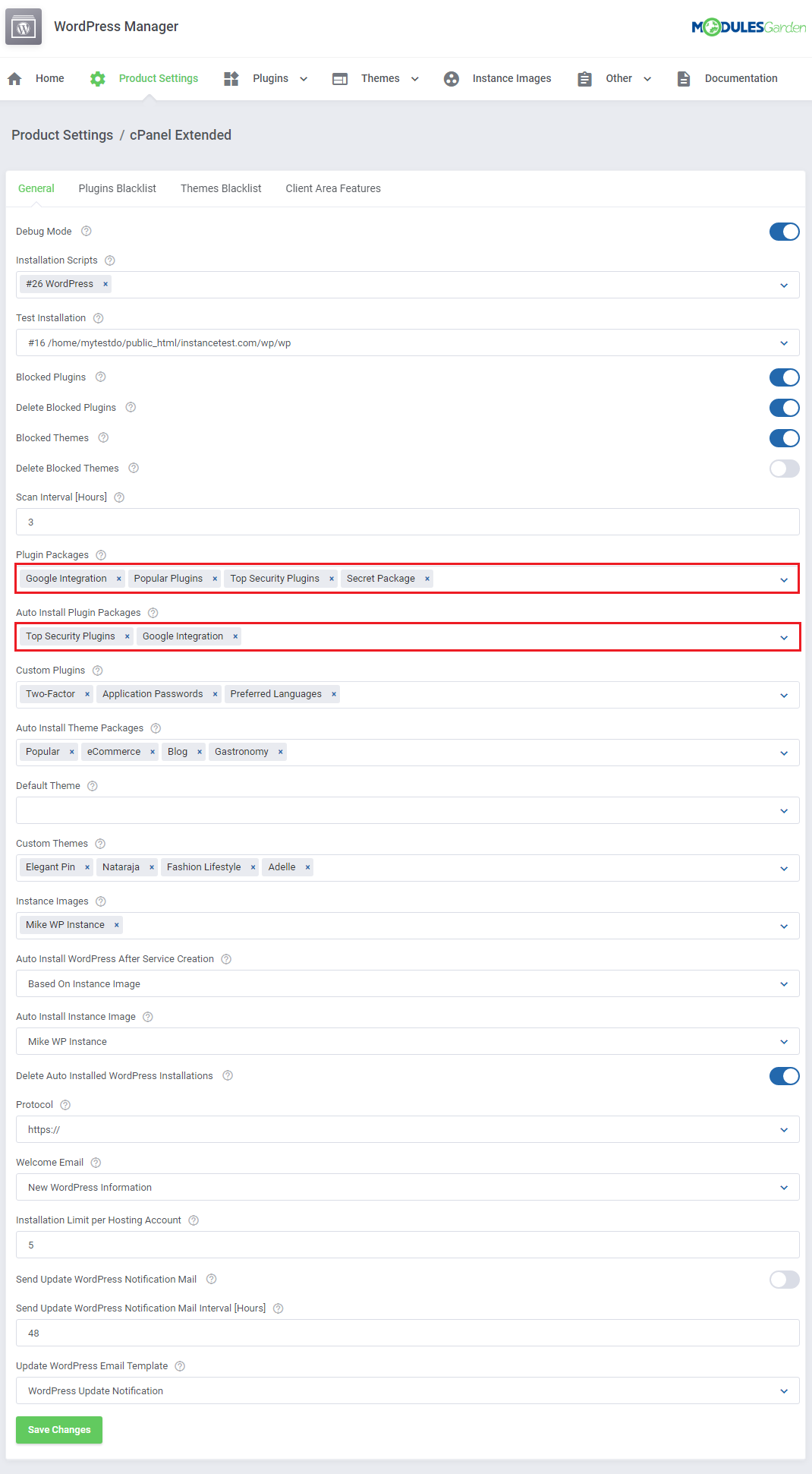 WordPress Manager For WHMCS: Product Settings General tab with Plugin Packages and Auto Install Plugin Packages marked