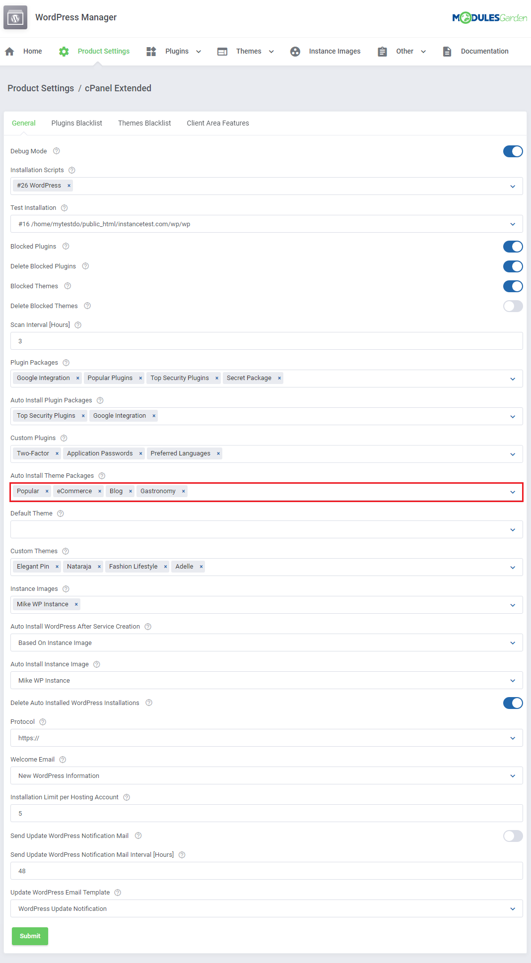 WordPress Manager For WHMCS: Product Settings General tab with the Auto Install Theme Packages field highlighted