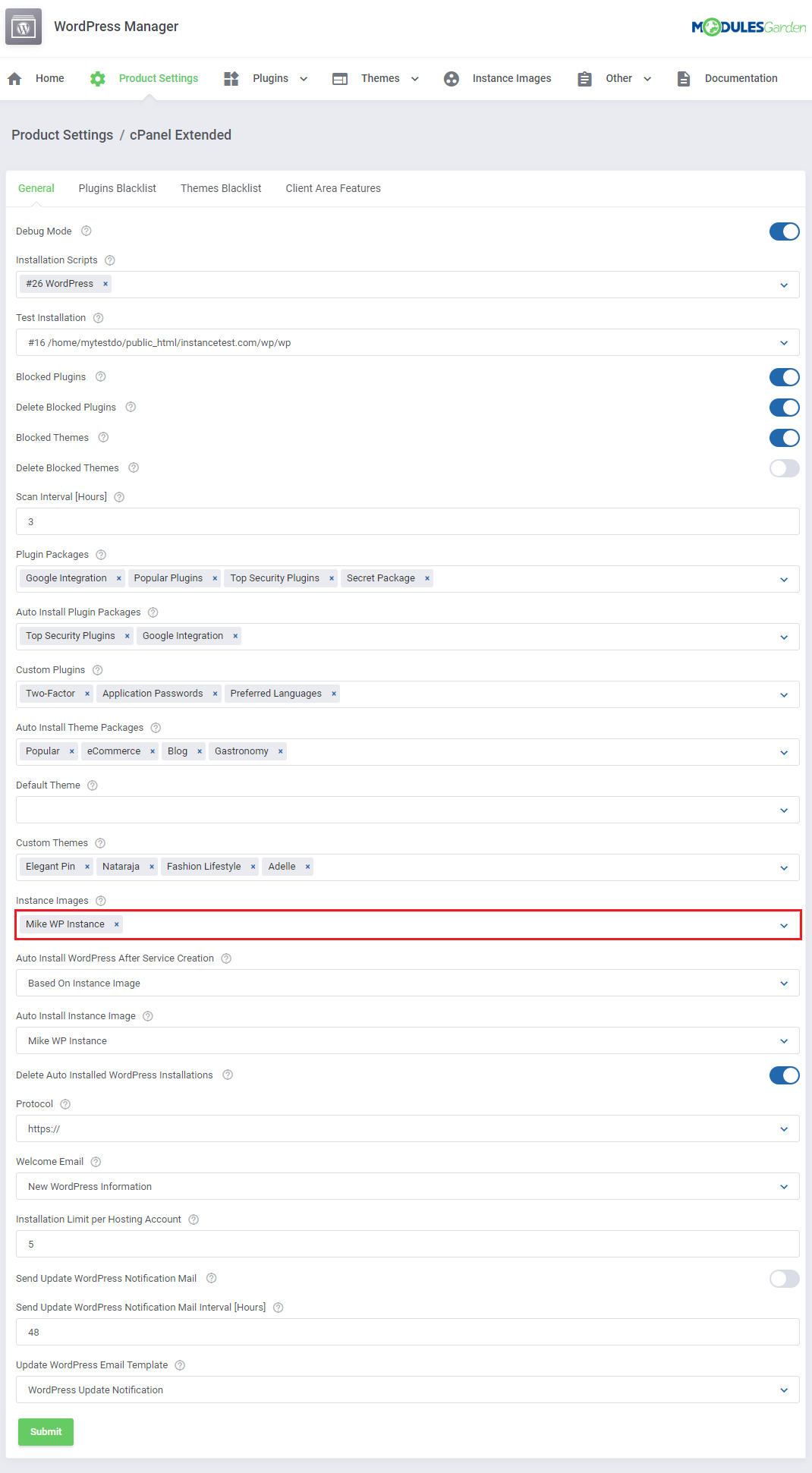 WordPress Manager For WHMCS: Product Settings General tab with the Instance Images field highlighted