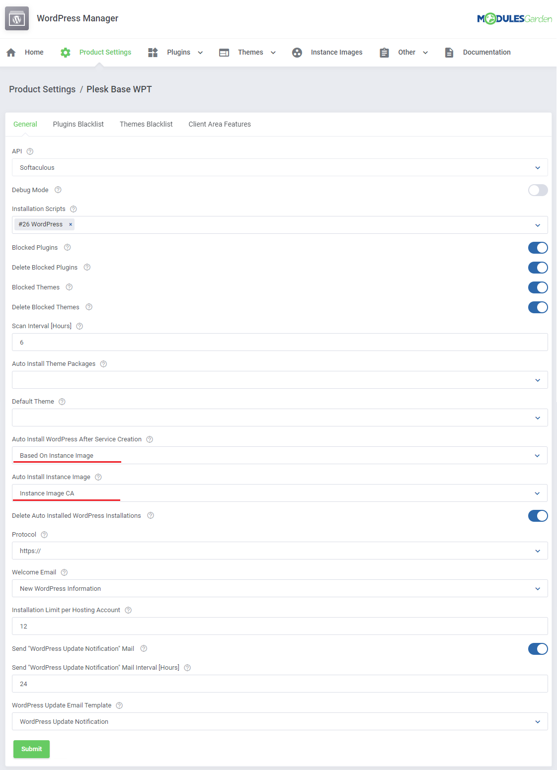 WordPress Manager For WHMCS: Product Settings General tab with auto install set to Based On Instance Image