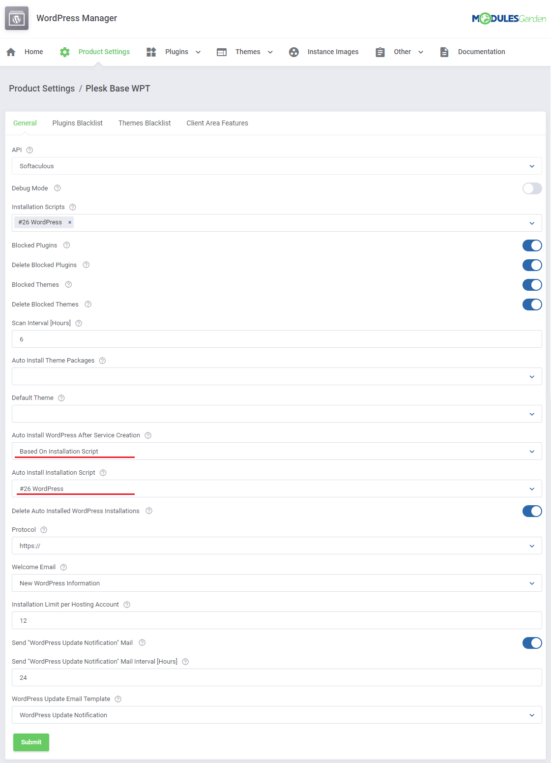 WordPress Manager For WHMCS: Product Settings General tab with auto install set to Based On Installation Script