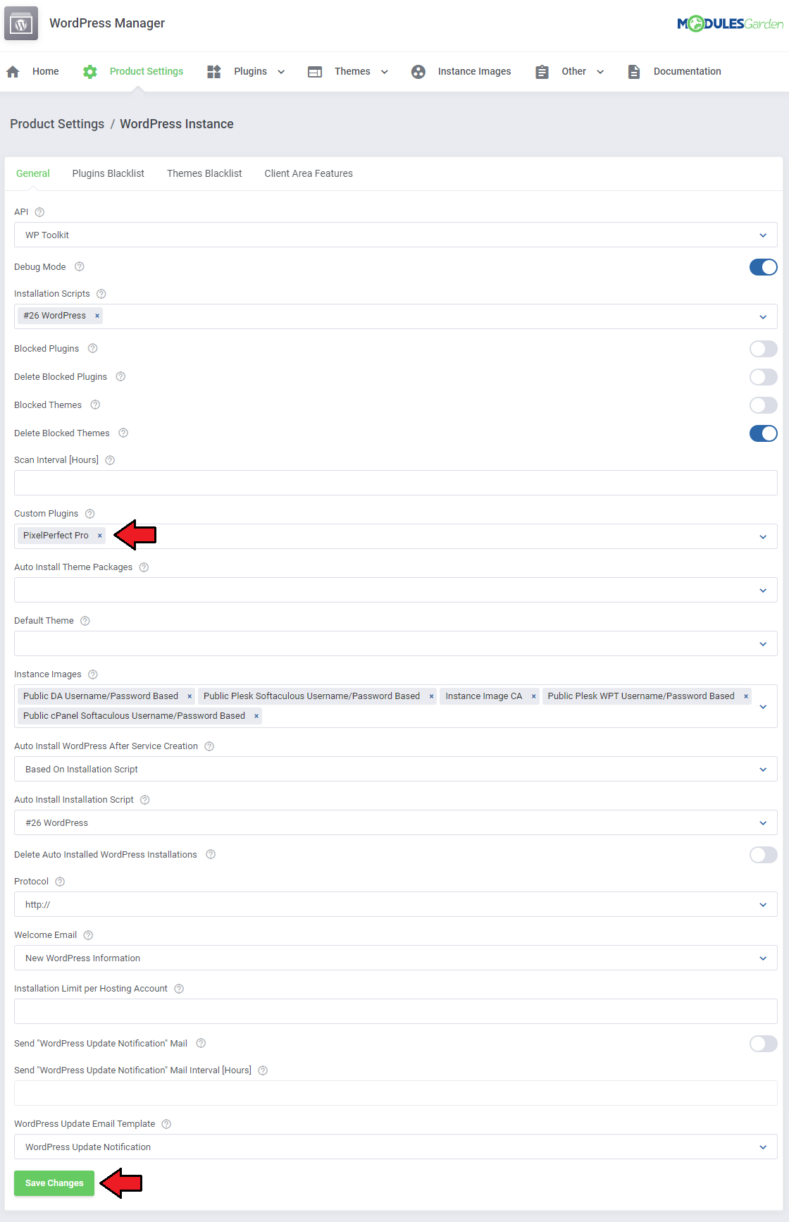 WordPress Manager For WHMCS: Product Settings General tab with a custom plugin selected in the Custom Plugins field
