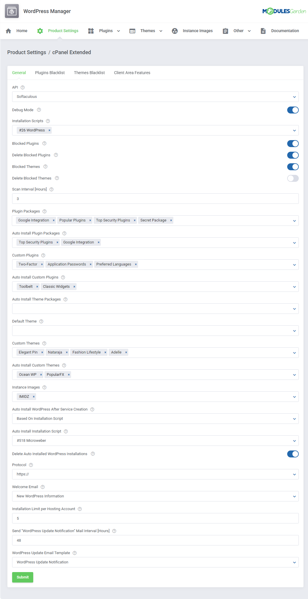 WordPress Manager For WHMCS: Product Settings General tab of a cPanel Extended product with API and package options