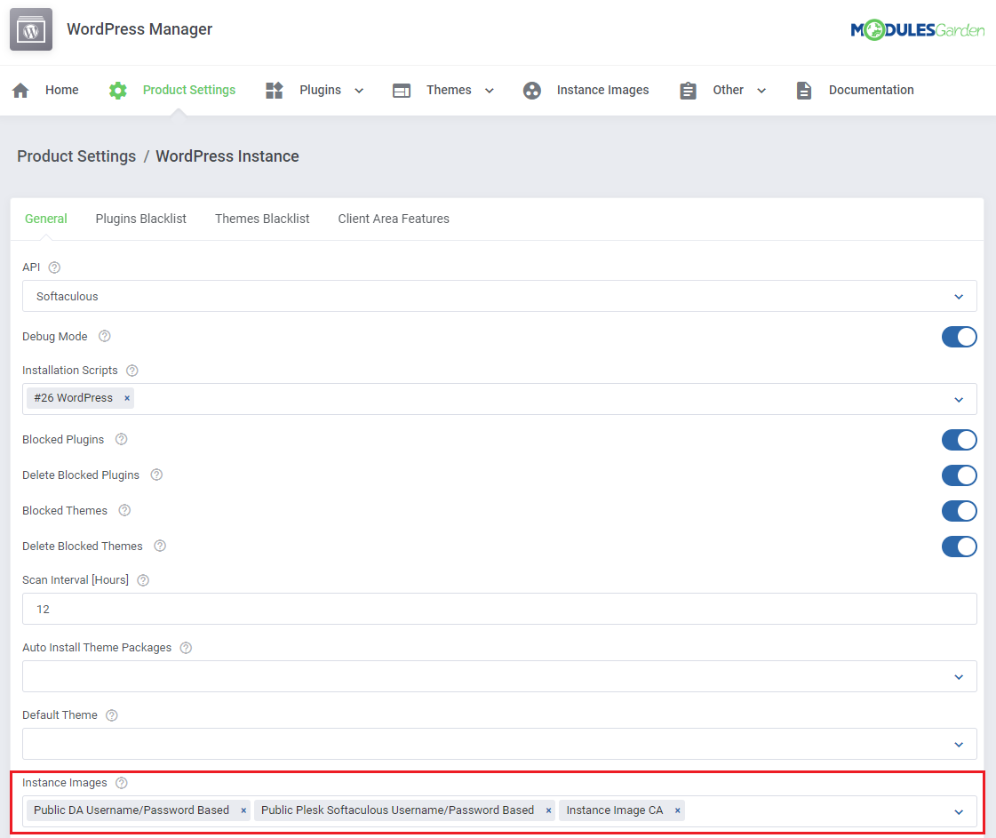 WordPress Manager For WHMCS: Product Settings General tab with the Instance Images field listing prepared images
