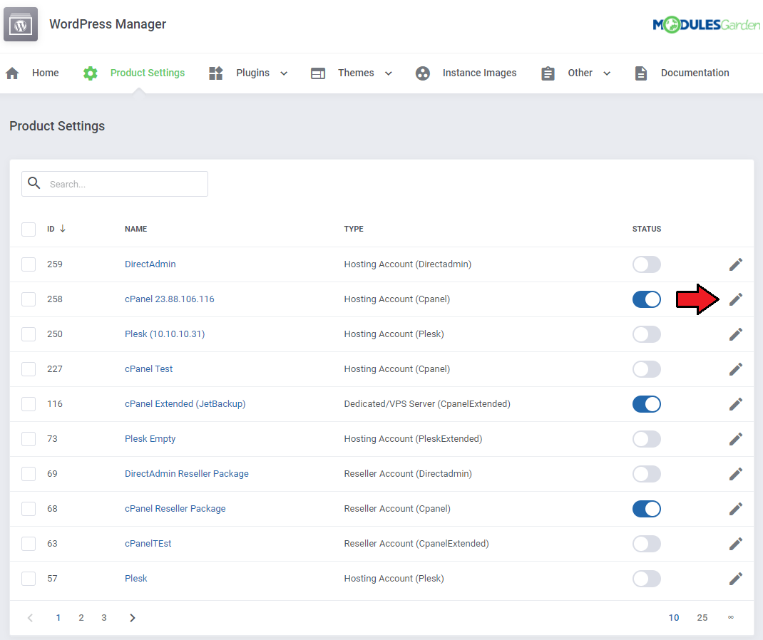 WordPress Manager For WHMCS: module Product Settings page listing products with status toggles and the Edit icon marked