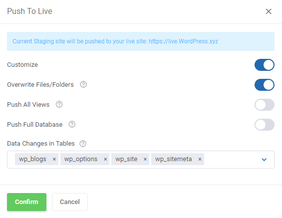 WordPress Manager For WHMCS: Push To Live dialog with Customize enabled and overwrite, views, database and table options