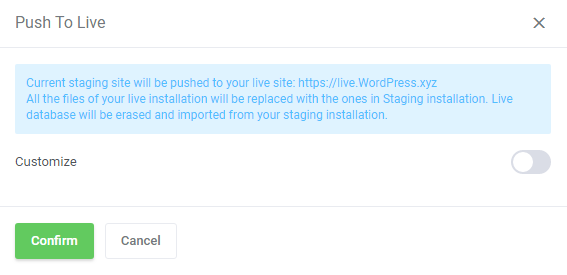 WordPress Manager For WHMCS: Push To Live dialog with the Customize toggle switched off and Confirm button