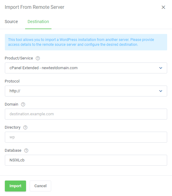 WordPress Manager For WHMCS: import from remote server dialog, Destination tab with product, protocol, domain and