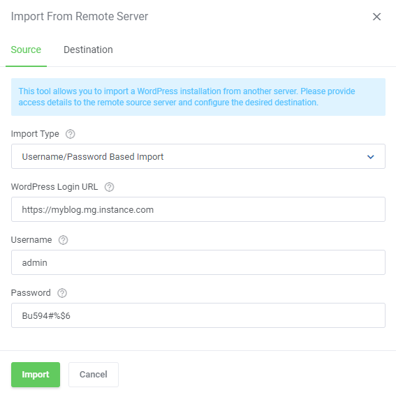 WordPress Manager For WHMCS: import from remote server dialog, Source tab with username and password import type