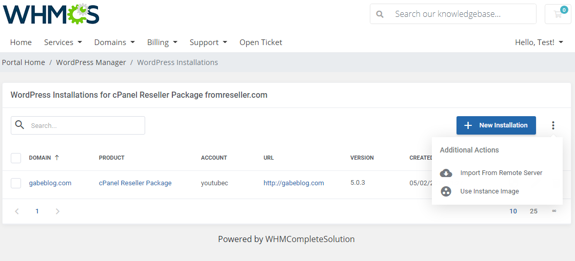 WordPress Manager For WHMCS: reseller installations page with the Import From Remote Server and Use Instance Image menu