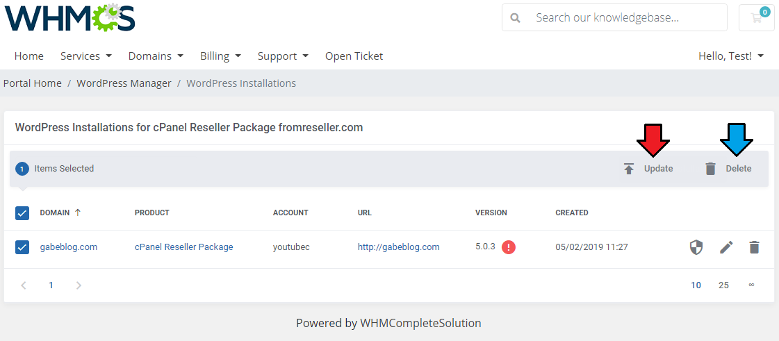 WordPress Manager For WHMCS: reseller installations list with one item selected and the Update and Delete mass actions