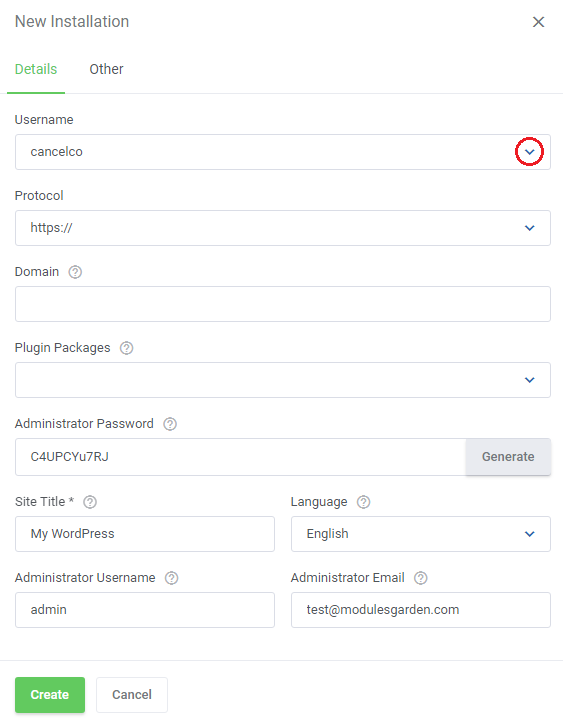 WordPress Manager For WHMCS: New Installation form for a reseller account with the Username dropdown highlighted