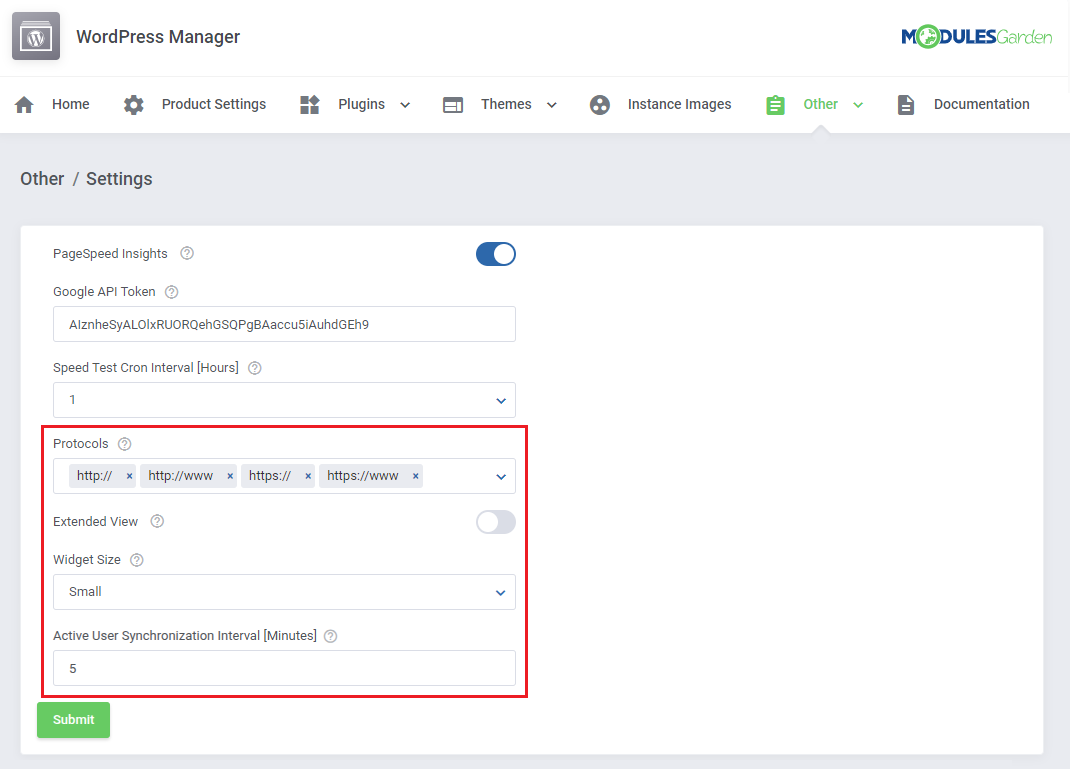 WordPress Manager For WHMCS: Settings page with Protocols, Extended View, Widget Size and sync interval highlighted