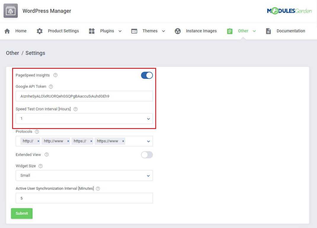 WordPress Manager For WHMCS: Settings page with PageSpeed Insights switch, Google API Token and cron interval