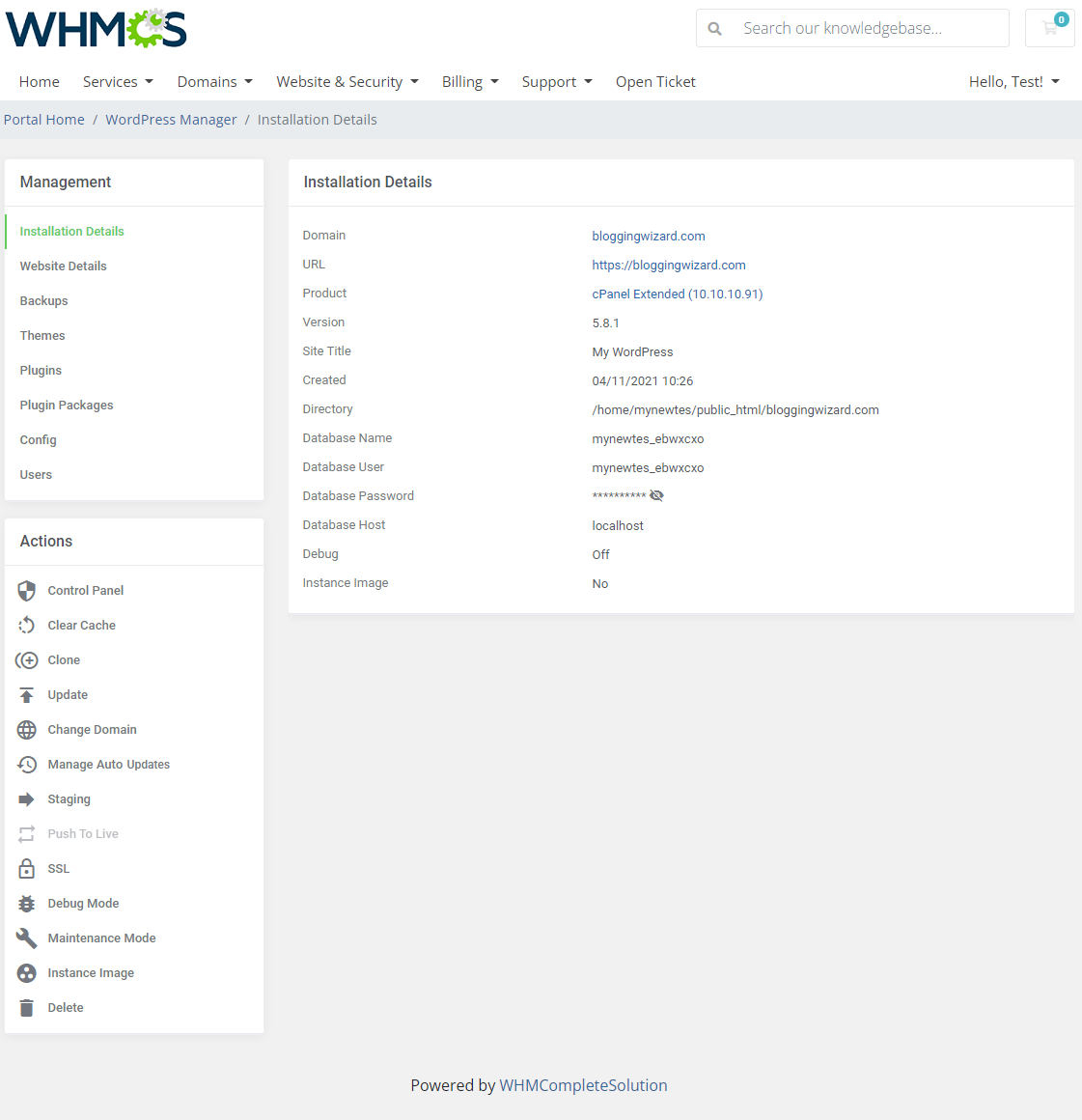 WordPress Manager For WHMCS: client area Installation Details page of a WordPress site on cPanel with the Actions menu