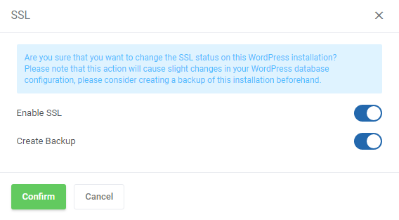 WordPress Manager For WHMCS: SSL dialog with Enable SSL and Create Backup toggles and a confirmation warning