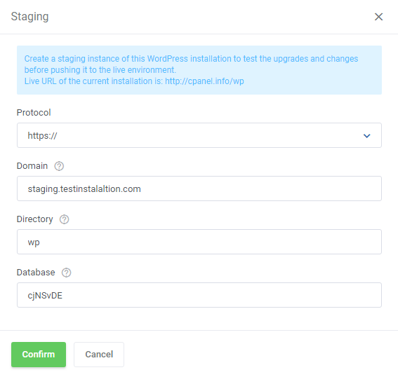 WordPress Manager For WHMCS: Staging dialog with protocol, domain, directory and database fields for a staging copy