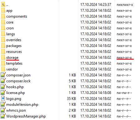 WordPress Manager For WHMCS: module folder in a file manager with the storage directory and its permissions marked