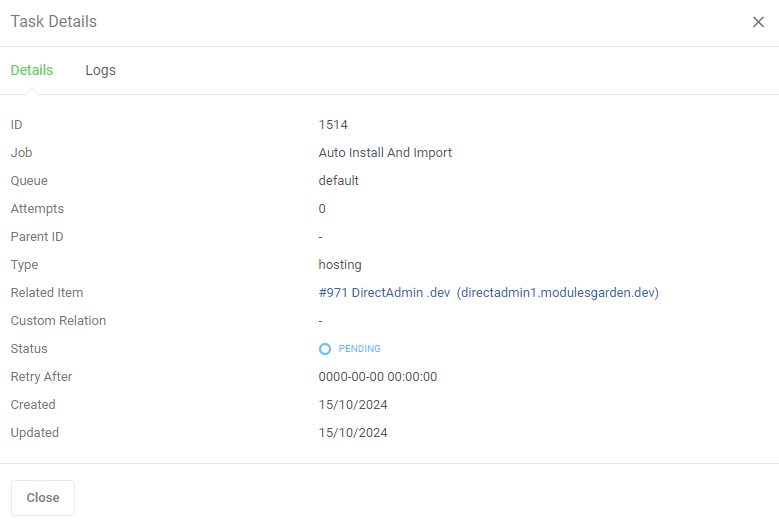 WordPress Manager For WHMCS: Task Details dialog on the Details tab showing job, queue, attempts, status and related