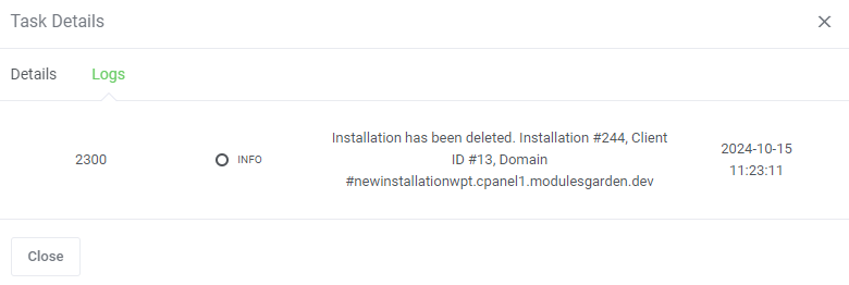 WordPress Manager For WHMCS: Task Details dialog on the Logs tab showing an info entry about a deleted installation