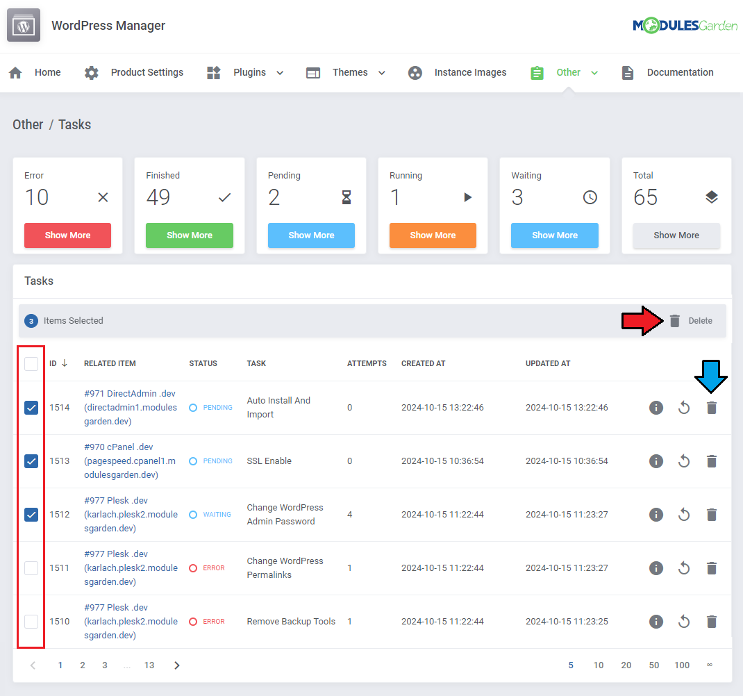 WordPress Manager For WHMCS: Tasks page with three tasks selected and the Delete buttons highlighted for bulk removal