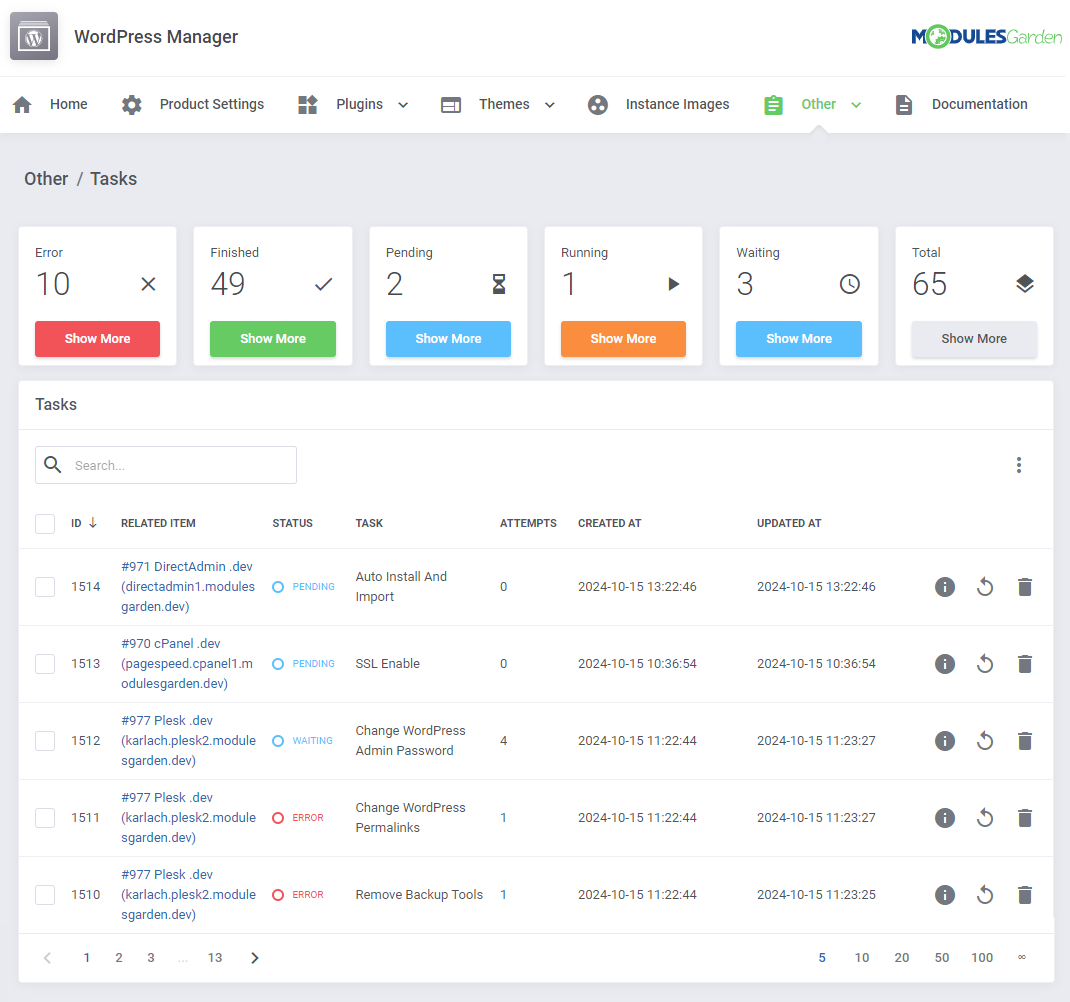 WordPress Manager For WHMCS: Tasks page with status counters and the task table showing status, attempts and dates